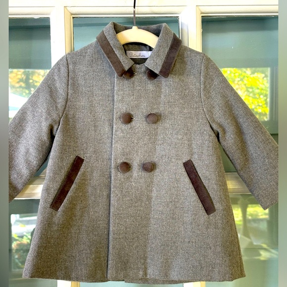 Boys flannel grey coat with velvet buttons and trim. Size 6m - Picture 1 of 3